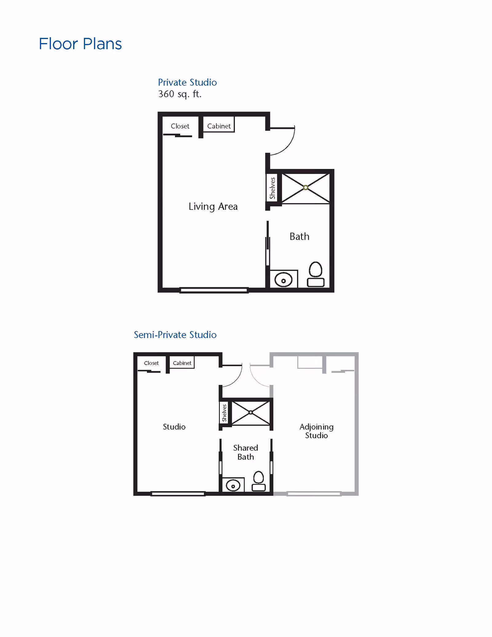 Floor plans for Brookdale Roseburg showing a Private Studio of 360 sq. ft. with a living area, closet, cabinet, bath, and shelves, and a Semi-Private Studio with a studio, closet, cabinet, shared bath, shelves, and an adjoining studio.
