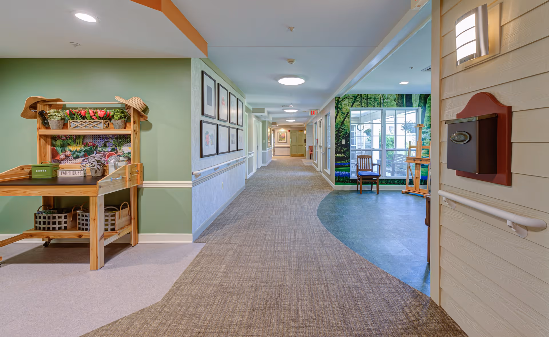 A well-lit hallway in a senior living facility with green and beige walls, carpeted flooring, and handrails along the walls. On the left, there is a wooden shelf with potted plants and decorative items. At the end of the hallway, there are framed pictures on the wall. To the right, there is a seating area with a chair and a large window showing an outdoor scene with trees and greenery.
