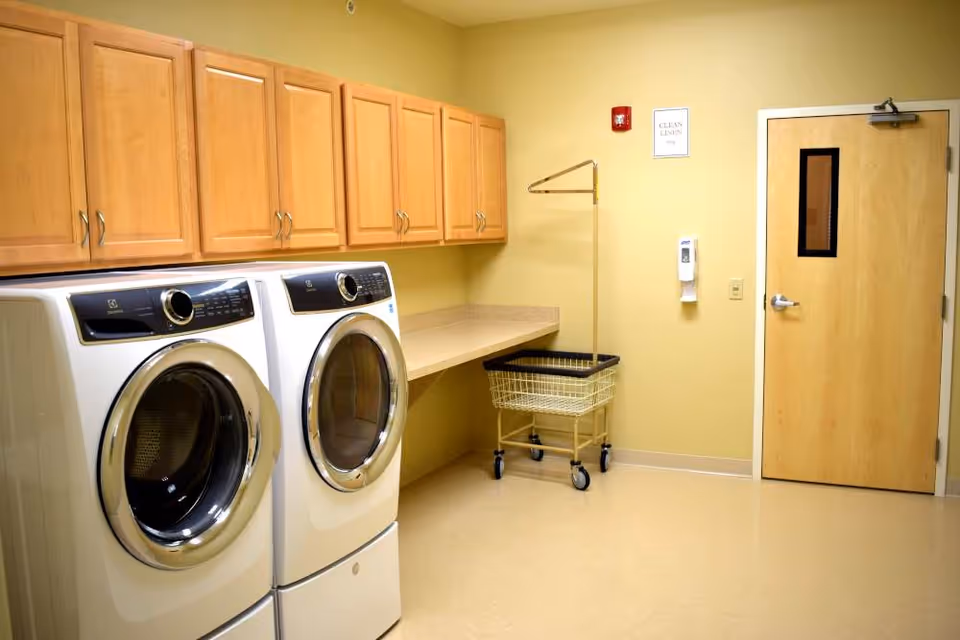 Laundry room with a front-loading washing machine and dryer side by side, wooden cabinets above, a countertop, a laundry cart with a metal frame and basket on wheels, a hand sanitizer dispenser on the wall, and a wooden door with a small window.