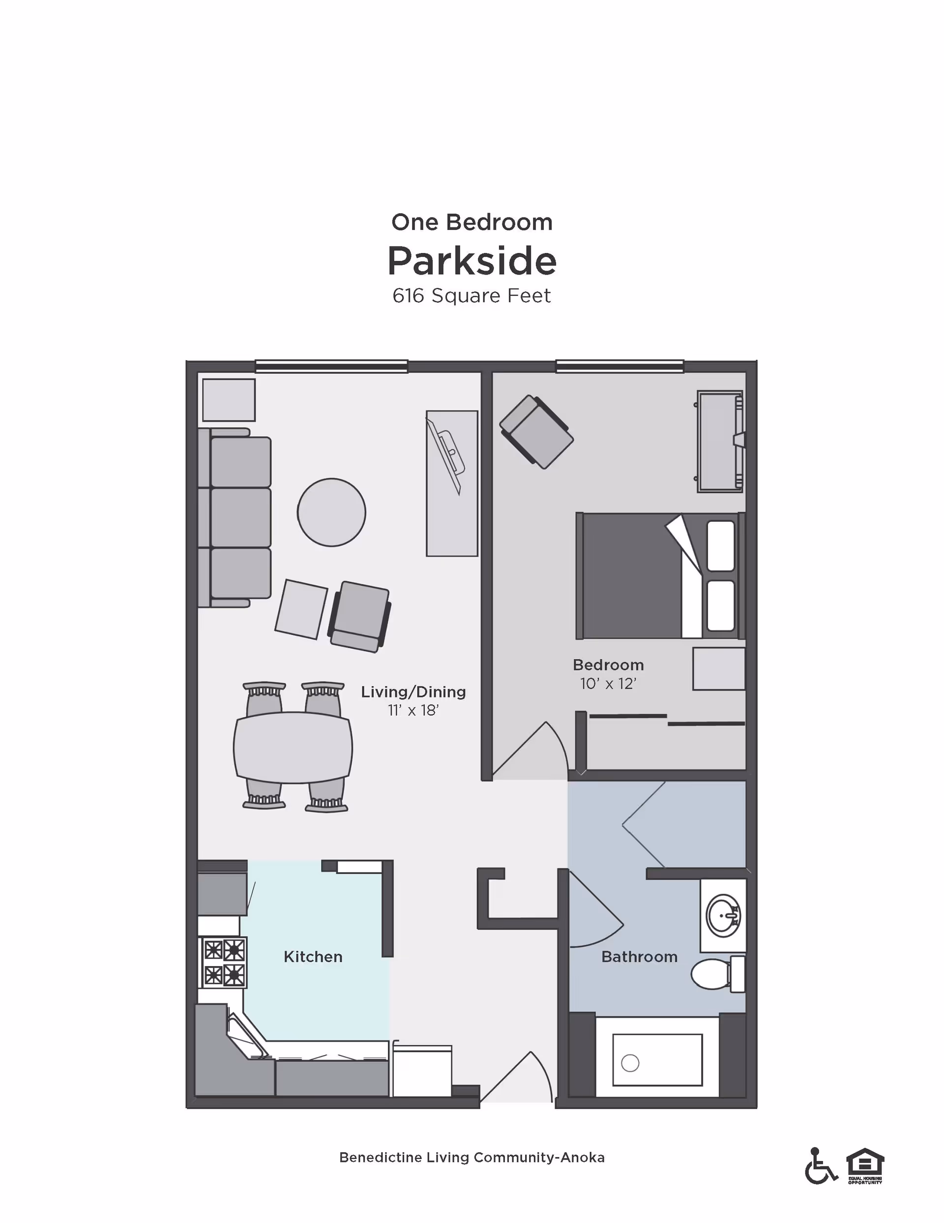 Floor plan of a one-bedroom apartment named Parkside with 616 square feet. The layout includes a living/dining area measuring 11 by 18 feet, a kitchen, a bedroom measuring 10 by 12 feet, and a bathroom. The living/dining area has a sofa, two chairs, a round table, and a dining table with four chairs. The bedroom has a bed, a chair, and a dresser. The bathroom includes a sink, toilet, and bathtub. The floor plan is labeled with room names and dimensions.