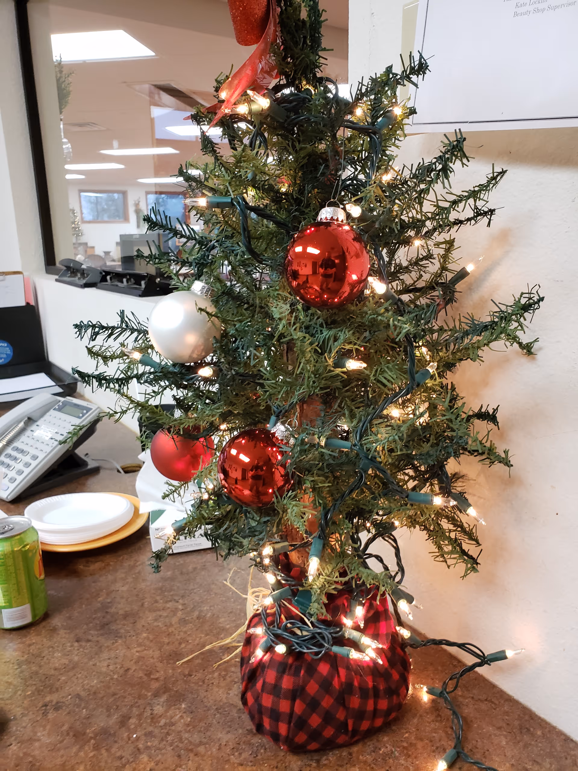 A small decorated Christmas tree on a countertop with red and white ornaments and string lights. The base of the tree is wrapped in red and black checkered fabric. In the background, there is a telephone, some paper plates, a green soda can, and a window showing another room.