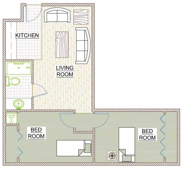 Top-down labeled floor plan of a two-bedroom apartment featuring a living room, kitchen, and bathroom.