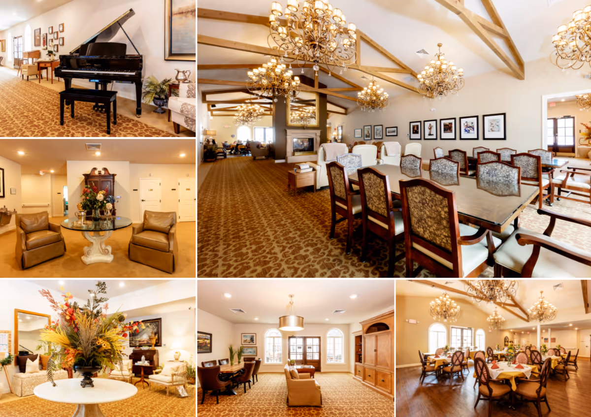 Collage of interior views at The Mann House Cumming featuring a grand piano in a hallway, a spacious room with chandeliers and a fireplace with multiple chairs and tables, a sitting area with two leather chairs and a glass table with flowers, a round table with a large floral arrangement, a cozy seating area with a sofa and chairs near windows, and a dining room with round tables set for meals under chandeliers.