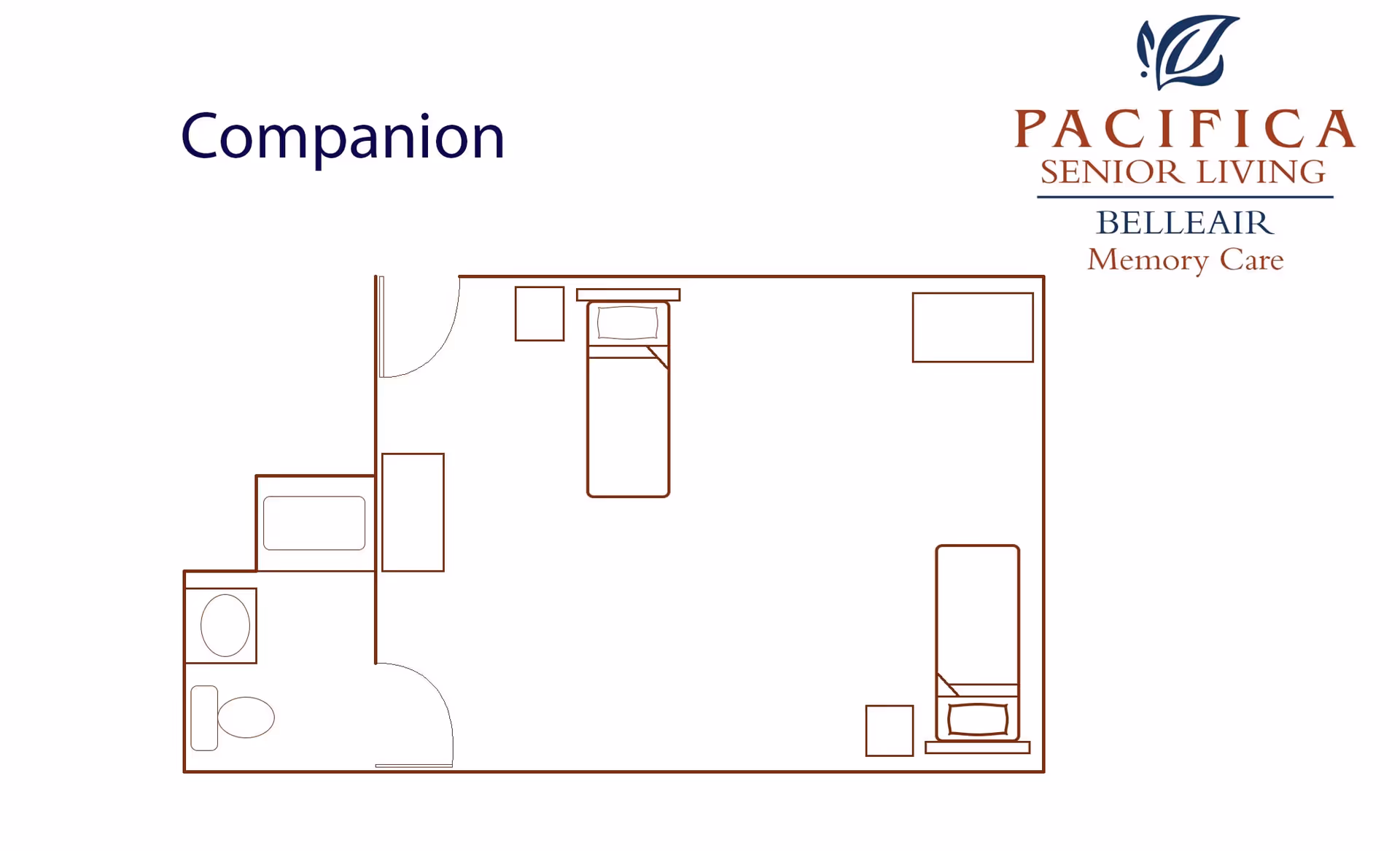Floor plan labeled Companion showing a room with two beds, two nightstands, a bathroom with a toilet and sink, and a small closet or storage area. The plan is from Pacifica Senior Living Belleair Memory Care.