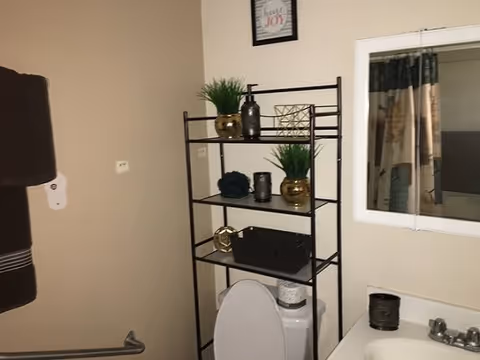 A bathroom with a toilet and a black metal shelving unit above it holding decorative items including plants and containers. A towel hangs on a bar to the left, and a mirror is mounted above a sink on the right side of the image.