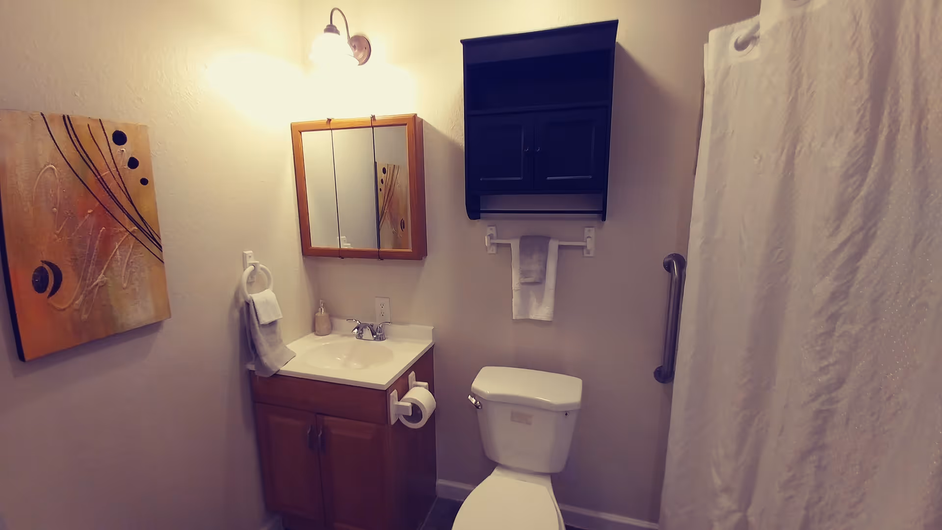 A small bathroom with a white toilet, a wooden vanity with a sink, a mirror cabinet above the sink, a towel ring with a gray towel, a black wall cabinet above the toilet, a white towel hanging on a towel bar, a shower curtain on the right side, and a decorative abstract painting on the left wall.