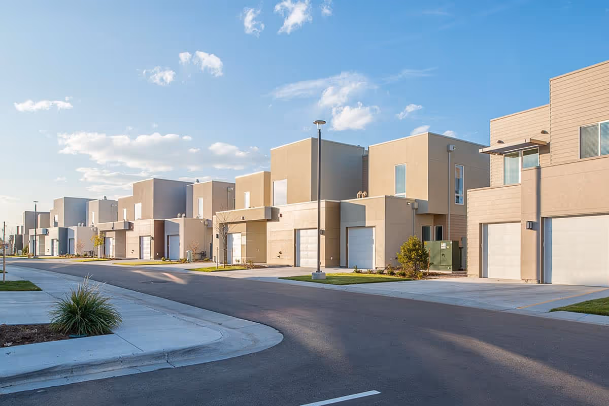 A row of modern, beige-colored townhouses with garages facing a clean, paved street under a blue sky with scattered clouds.