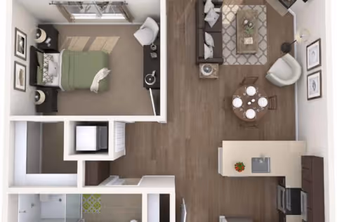 Bird's-eye floor plan of a one-bedroom apartment showing a bedroom, bathroom, kitchen with island, and combined living/dining area.