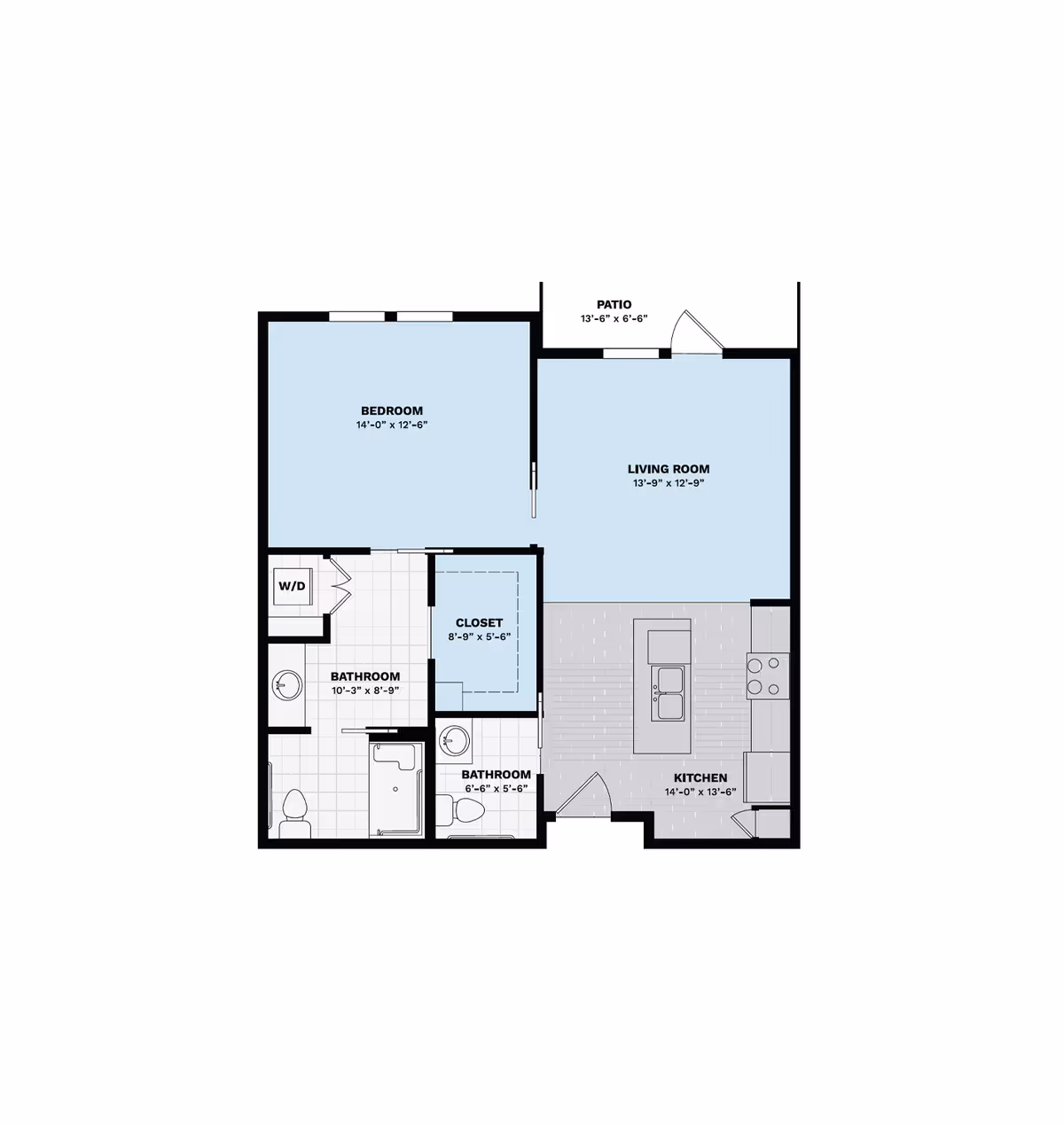 Floor plan of a one-bedroom apartment showing a bedroom, living room with patio, kitchen, two bathrooms, closet and washer/dryer.