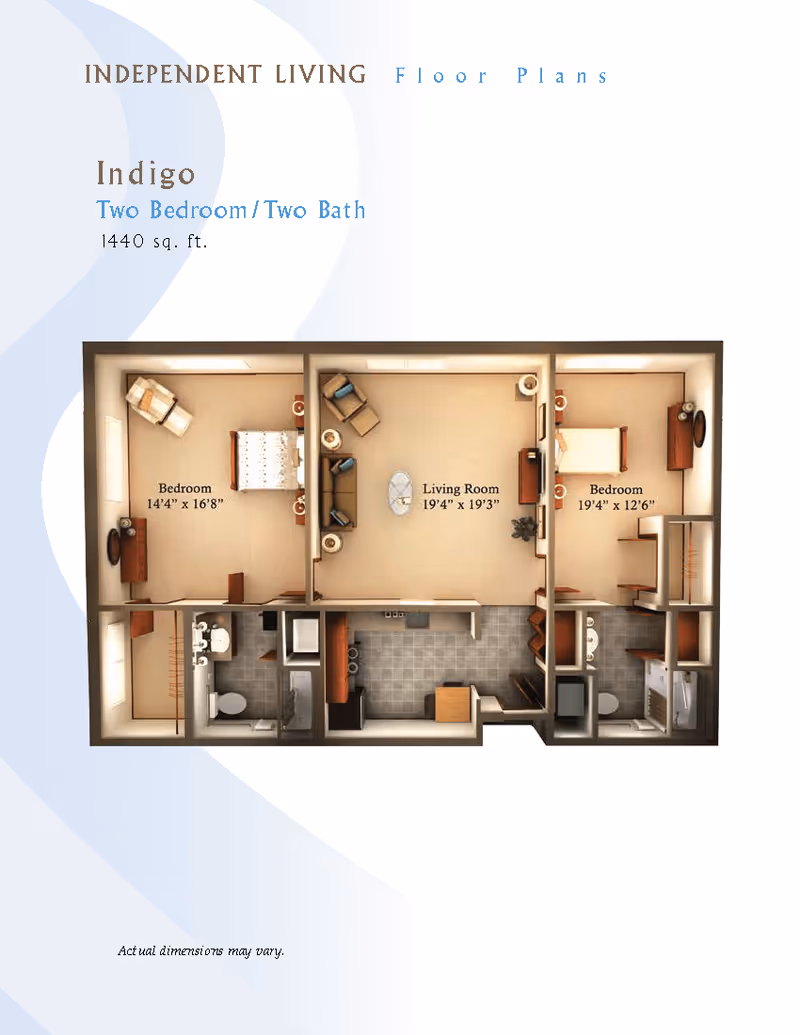 Floor plan of Indigo independent living unit with two bedrooms and two bathrooms, covering 1440 square feet. The layout includes a living room measuring 19'4" x 19'3", a bedroom measuring 14'4" x 16'8", another bedroom measuring 19'4" x 12'6", two bathrooms, and a kitchen area.