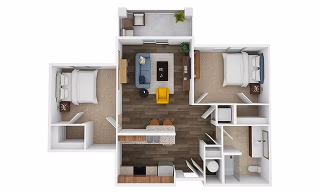3D floor plan of a two-bedroom apartment featuring a living room with a blue sofa, yellow armchair, coffee table, and TV stand. The kitchen includes a counter with two bar stools, a sink, and appliances. There is a bathroom with a shower, toilet, and sink. Each bedroom has a bed and nightstand. A small balcony with two chairs and a plant is accessible from the living room.