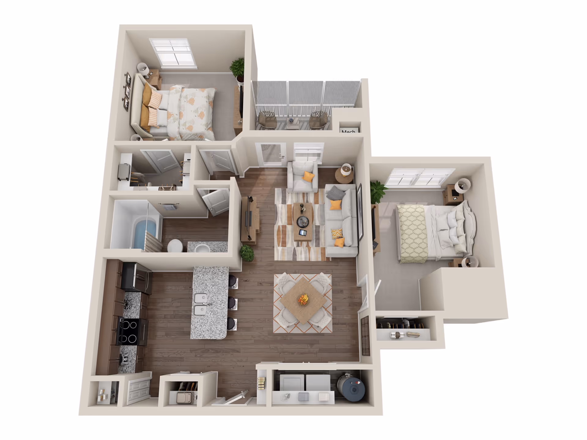 3D floor plan of an apartment featuring two bedrooms, one bathroom, a kitchen with an island and three stools, a dining area with a table and four chairs, a living room with a sofa, armchair, coffee table, TV, and access to a balcony with two chairs. The apartment also includes closets and a laundry area with a washer and dryer.
