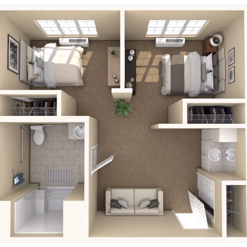 Top-down view of a senior living facility apartment layout featuring two bedrooms, a bathroom with a shower, a living area with a sofa, closets in each bedroom, and a vanity area with two sinks.