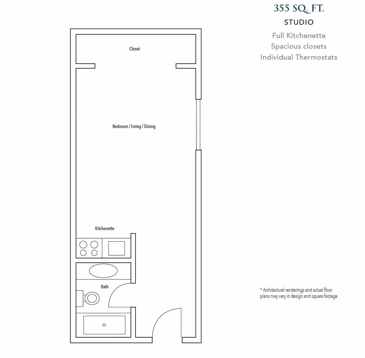 Architectural floor plan of a 355 square foot studio apartment at Lyndale Edmond Senior Living, showing a combined bedroom, living, and dining area, a kitchenette, a bathroom, and a closet.