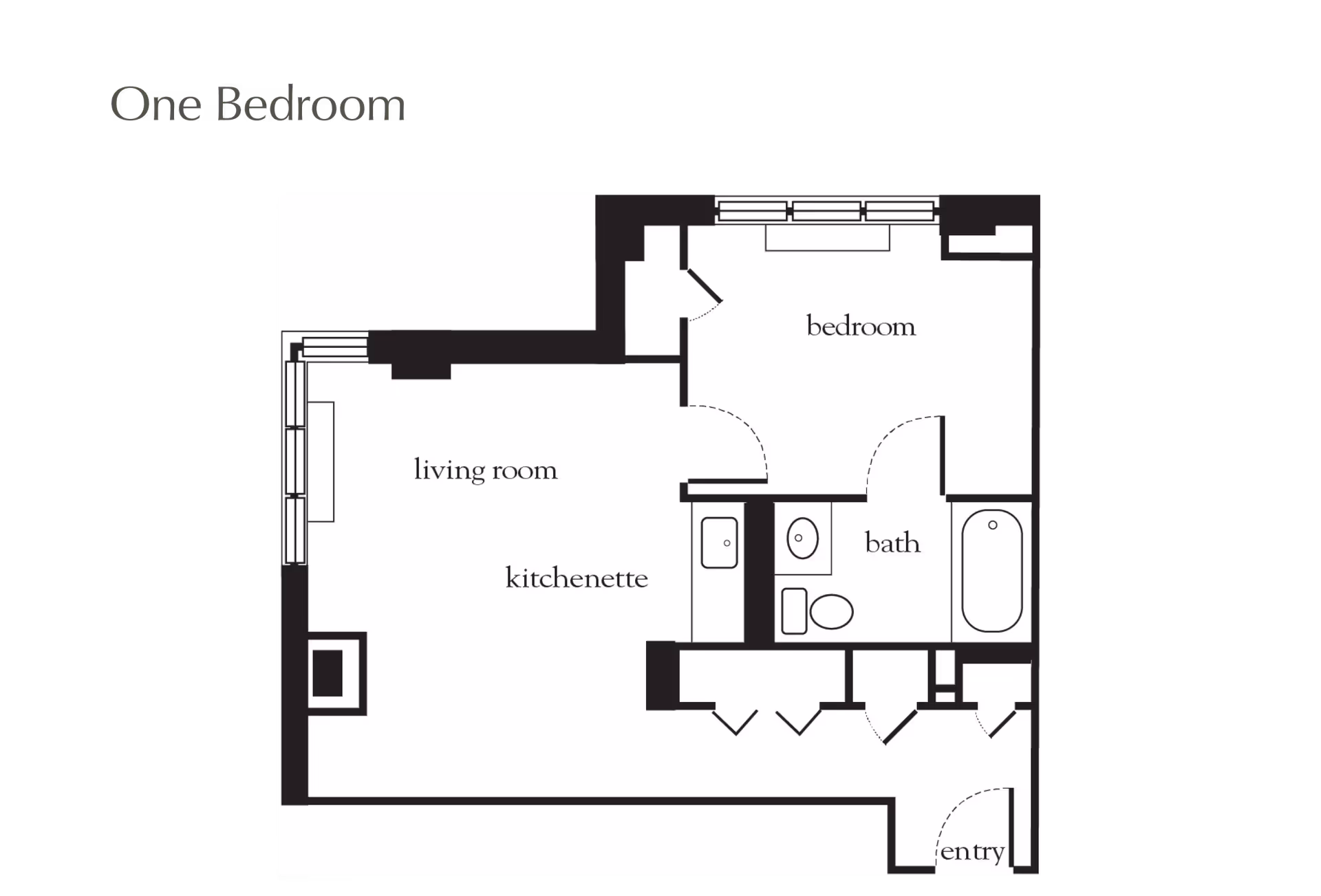 Floor plan of a one-bedroom apartment showing a living room with kitchenette, a bedroom, a bathroom, and an entry area.