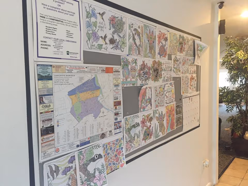 A bulletin board mounted on a wall displaying various colorful drawings, maps, and informational flyers. The wall is in a hallway with a plant and seating area visible in the background.