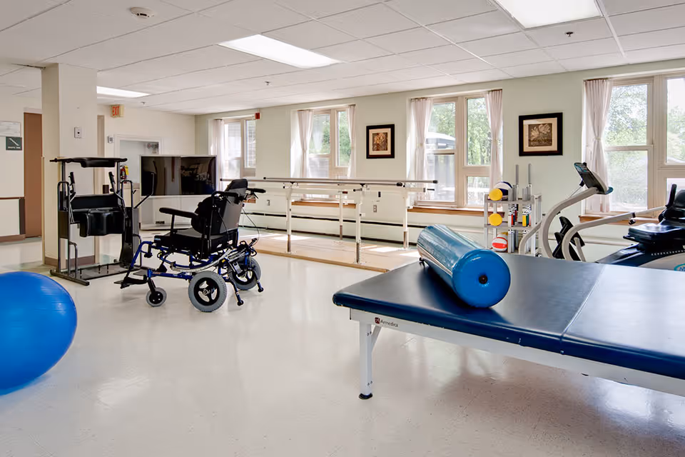 A bright physical therapy room with large windows, parallel bars for walking exercises, a wheelchair, exercise equipment including a blue exercise ball, a padded therapy table with a blue foam roller, and various therapy tools on a rack.