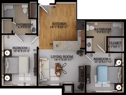 Floor plan of a two-bedroom apartment at Harmony at Brookberry Farm, showing Bedroom 1 with attached bathroom, Bedroom 2 with closet and attached bathroom, a kitchen, and a living room area.