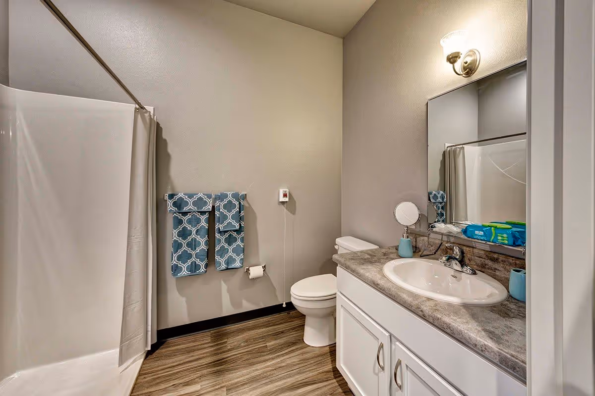 A clean bathroom with a white toilet, a sink with a marble countertop, a large mirror, and a shower with a white curtain. Two blue patterned towels hang on a towel rack next to the toilet. The floor has wood-like vinyl flooring and the walls are painted light gray.