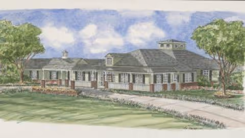 Illustration of a single-story building with a gray roof, multiple windows, and a central entrance, surrounded by green lawns and trees under a partly cloudy sky.
