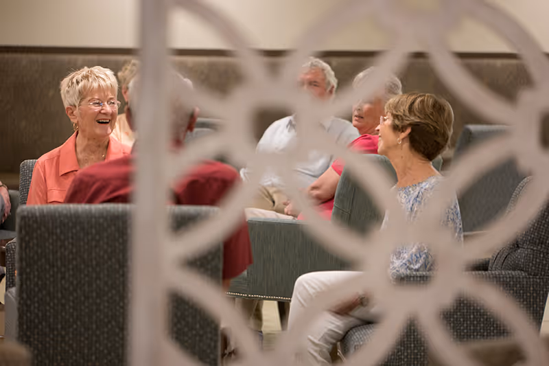 A group of elderly people sitting and chatting in a comfortable indoor seating area with upholstered chairs, viewed through a decorative screen.