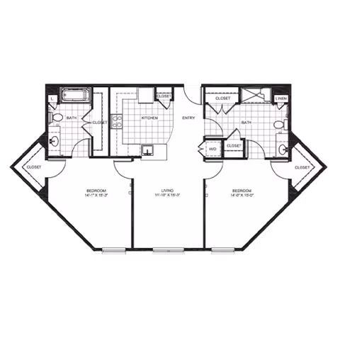 Architectural floor plan of a two-bedroom apartment featuring two bathrooms, a kitchen, a living area, multiple closets, and an entryway.