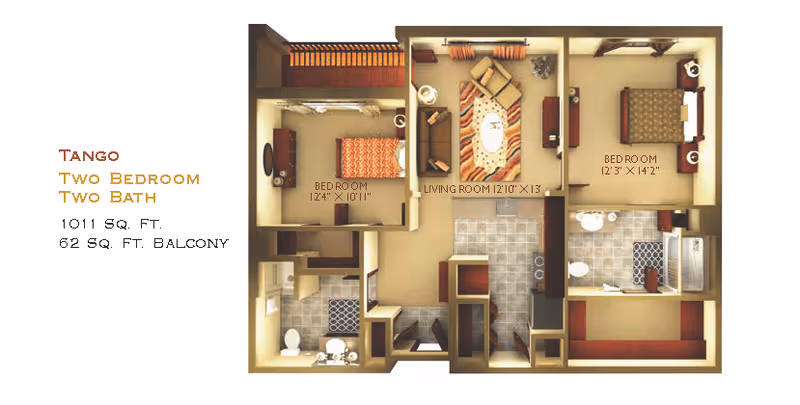 Floor plan labeled Tango showing a two-bedroom, two-bath apartment with 1011 square feet and a 62 square feet balcony. The layout includes two bedrooms, two bathrooms, a living room, a kitchen area, and a balcony.