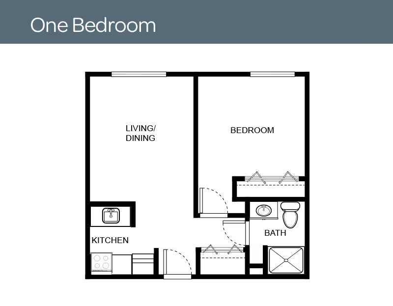 Floor plan layout of a one-bedroom unit at Ormond In The Pines Senior Living, showing the arrangement of rooms and furniture placement.