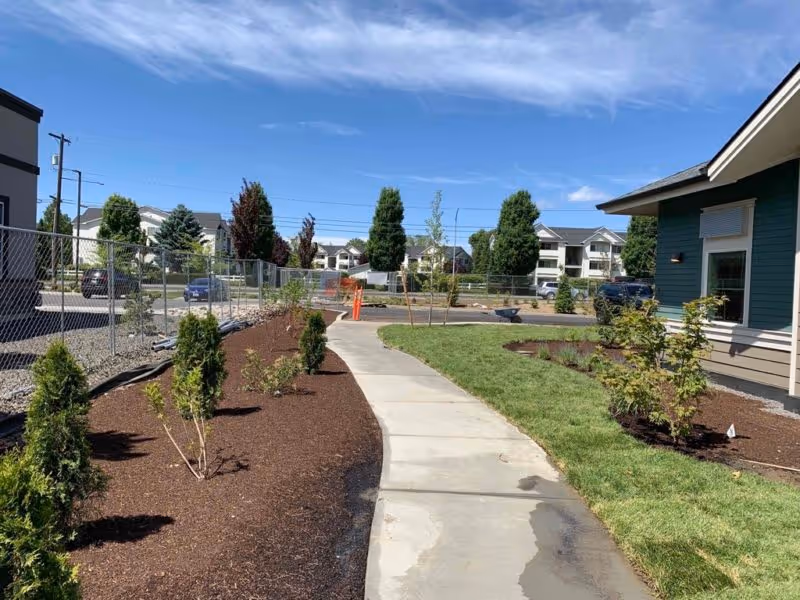 Curved concrete walkway between newly planted mulch beds and a green lawn beside a building exterior under a blue sky.