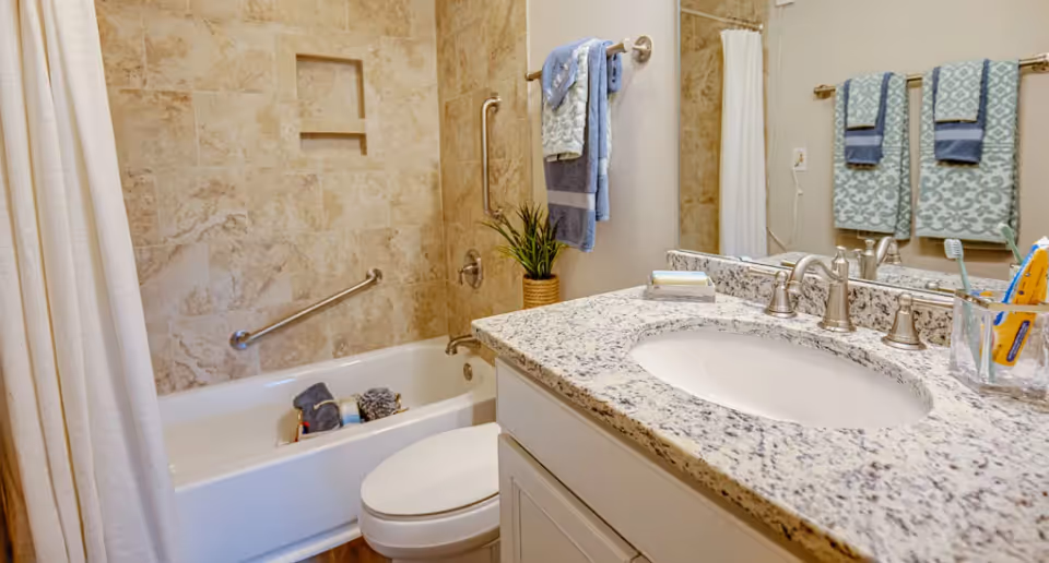 A clean and modern bathroom featuring a bathtub with beige tiled walls and a white shower curtain. There are grab bars installed on the bathtub walls for safety. A white toilet is positioned next to the bathtub. The bathroom vanity has a granite countertop with a built-in sink, a silver faucet, and a large mirror above. On the countertop, there is a soap dish, a toothbrush holder with toothbrushes, and a small plant. Two patterned towels hang on a towel rack on the wall.