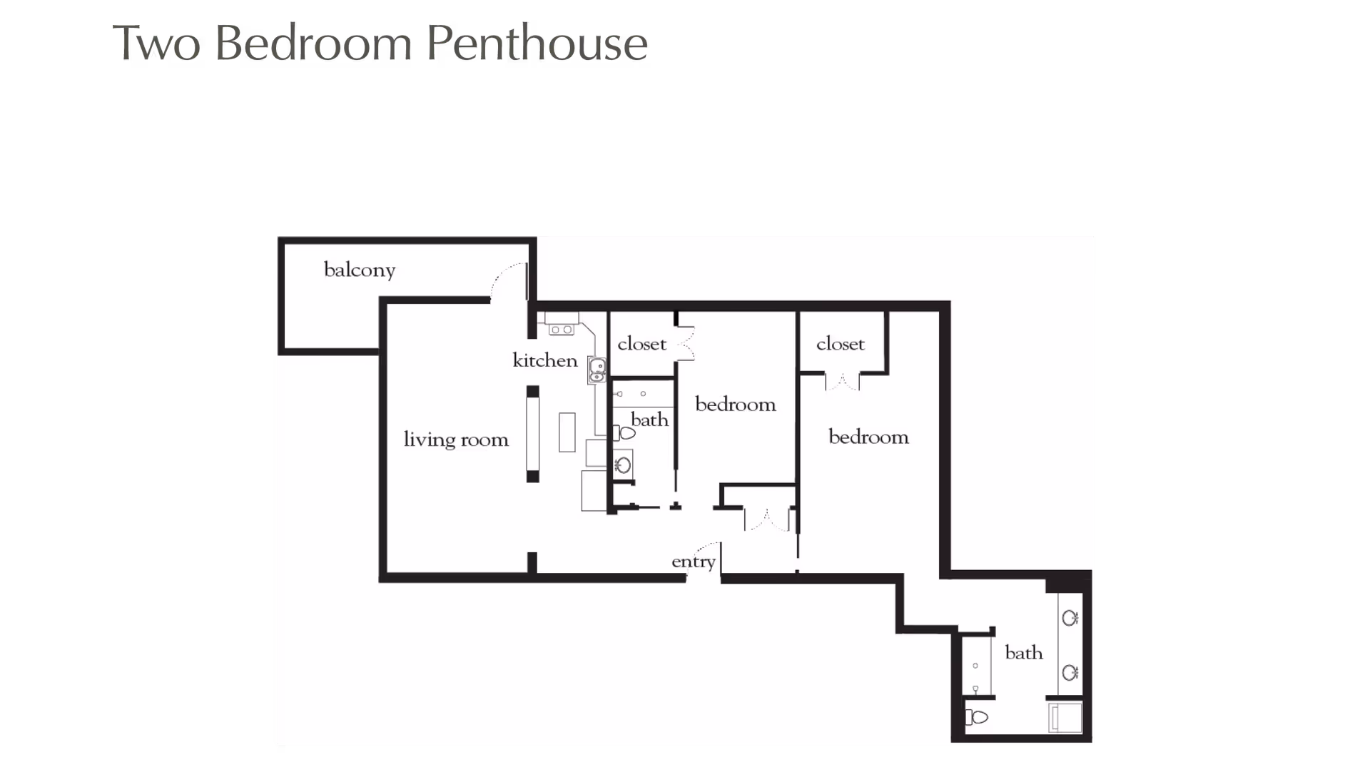 Floor plan layout of a two bedroom penthouse featuring a balcony, living room, kitchen, two bedrooms each with a closet, two bathrooms, and an entry area.
