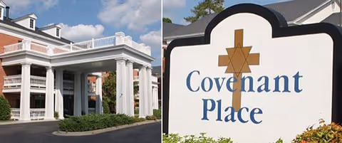 Entrance of Covenant Place senior living building with white-columned porte-cochère on the left and a sign reading "Covenant Place" on the right.