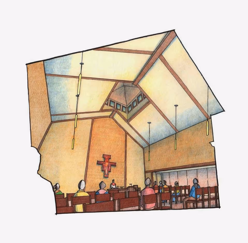 Illustration of an interior chapel with a high ceiling and wooden beams. Several people are seated on wooden benches facing an altar with a cross on the wall behind it. The chapel has hanging pendant lights and a row of windows near the ceiling.