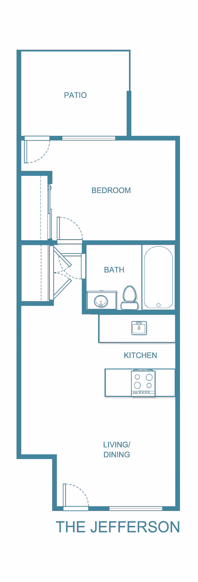 Floor plan labeled The Jefferson showing a layout with a patio, bedroom, bathroom, kitchen, and combined living/dining area.