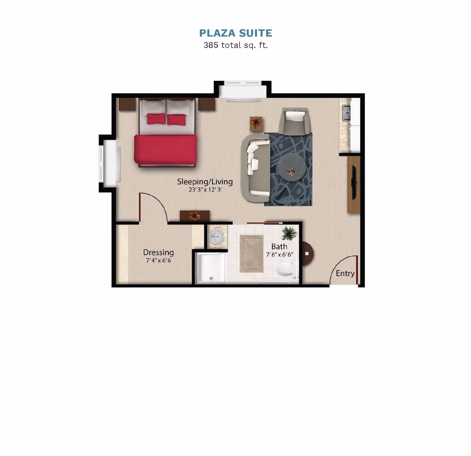 Floor plan labeled Plaza Suite showing a 385 sq. ft. studio layout with a sleeping/living area, dressing room, bath, kitchenette and entry.