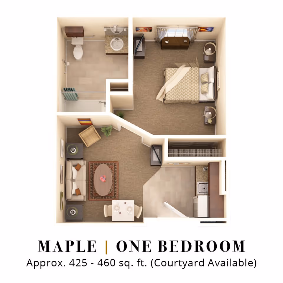 Floor plan of a one-bedroom apartment named Maple, showing a bedroom with a bed and nightstands, a bathroom with a toilet, sink, and shower, a living room with a sofa, chair, coffee table, and dining table with two chairs, and a kitchen area with a sink and appliances.