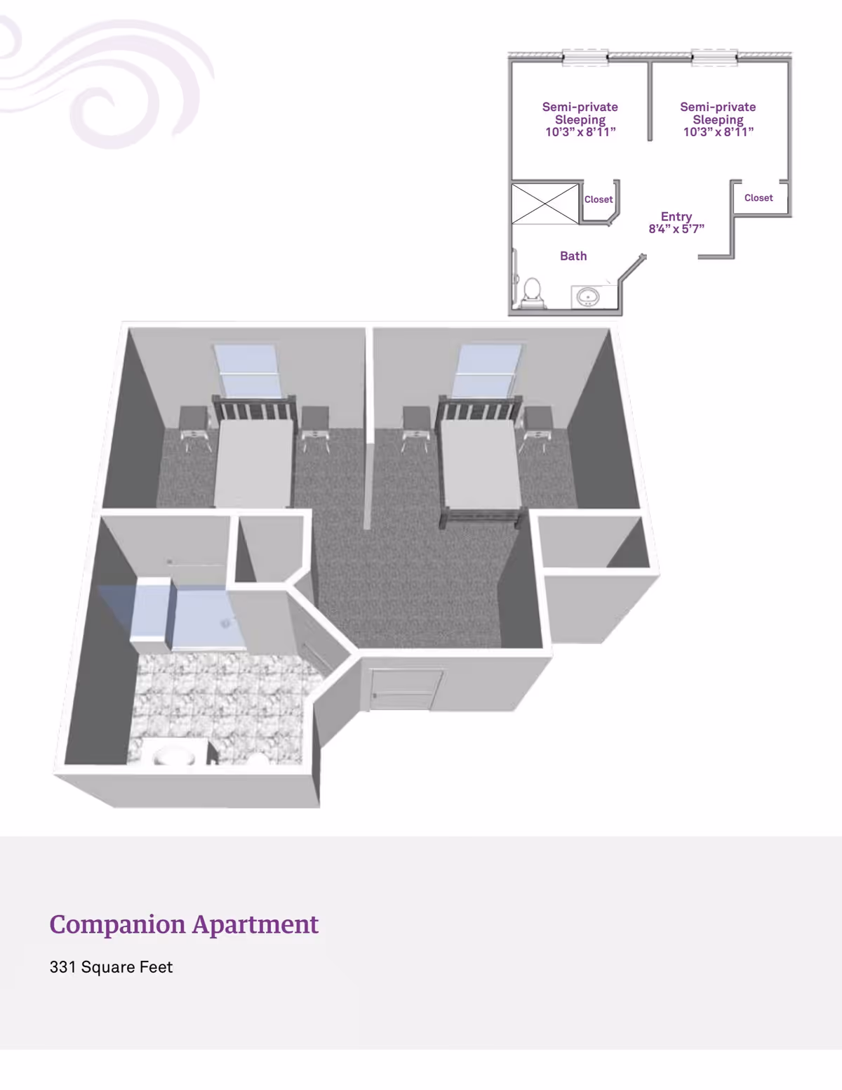 3D floor plan of a companion apartment at Forest Hills Commons showing two semi-private sleeping areas, each with a bed and two chairs, a shared bathroom with a sink, toilet, and shower, and an entry area. The layout includes measurements for each sleeping area and the entry.
