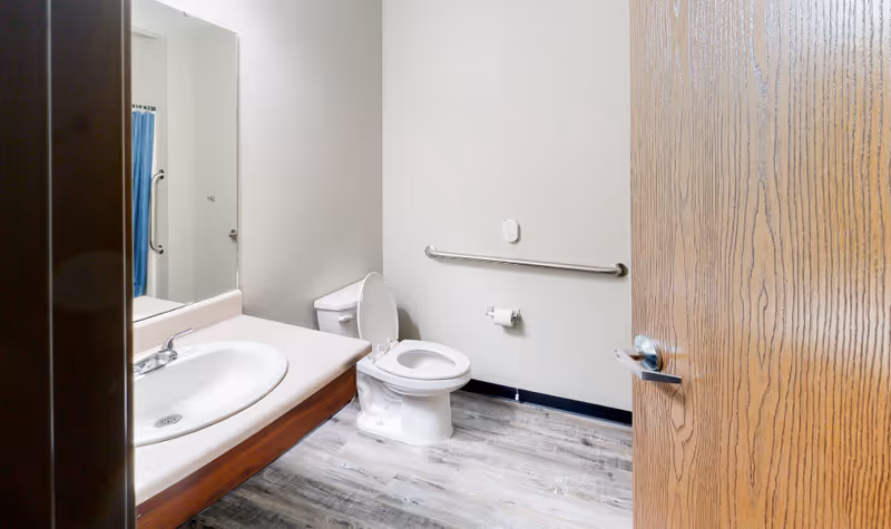 A clean bathroom with a white toilet, a sink with a countertop, a large mirror, and a wooden door partially open. The bathroom has light-colored walls, a grab bar next to the toilet, and a blue shower curtain visible in the mirror reflection.