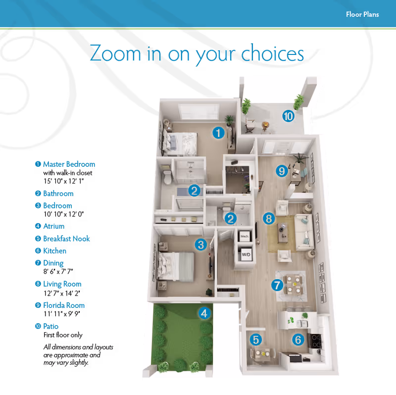 3D rendered floor plan of a two-bedroom apartment with numbered labels for bedrooms, bathrooms, kitchen, dining, living areas, and a patio.