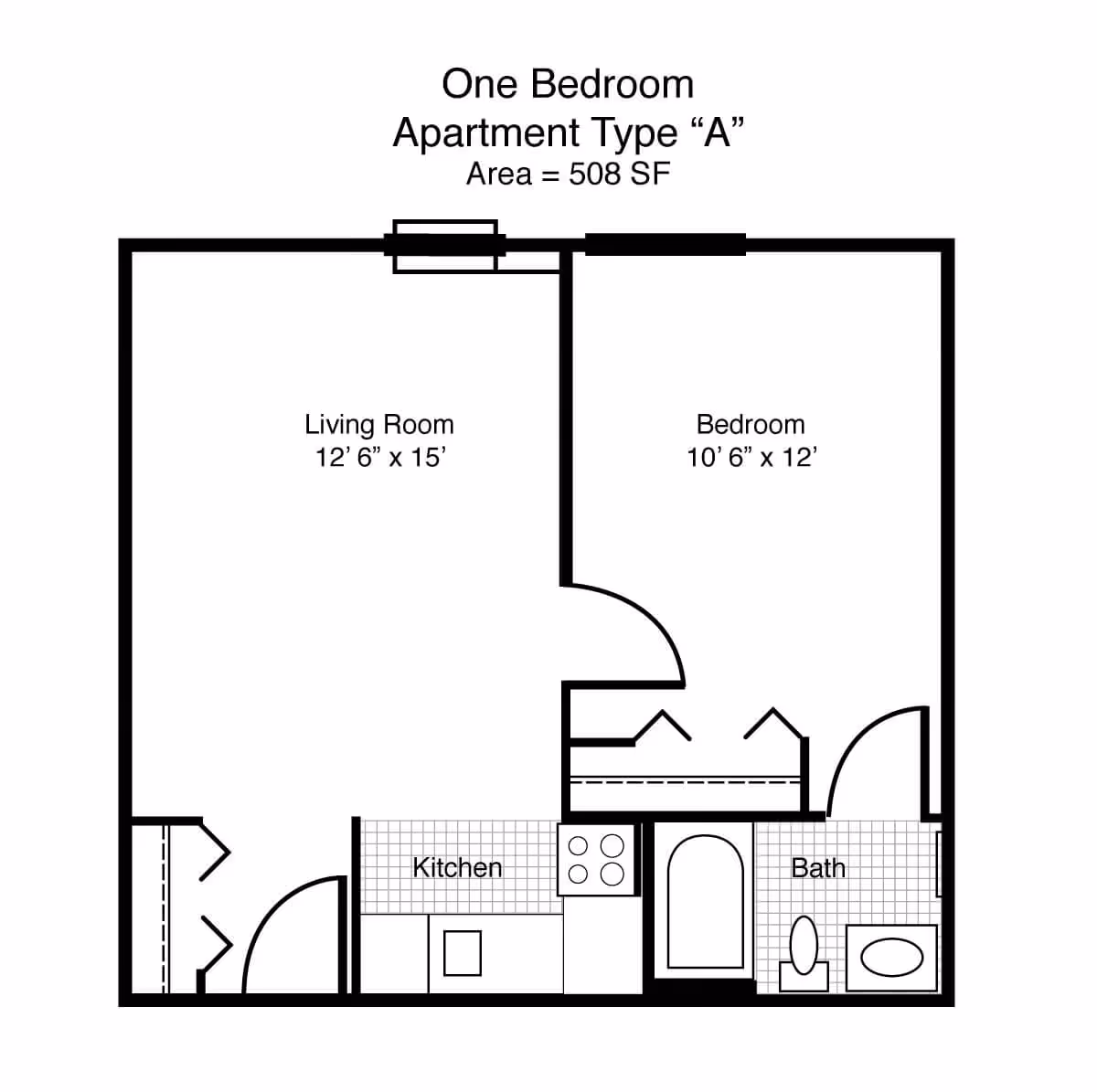 Floor plan of a one-bedroom apartment type A with an area of 508 square feet. The layout includes a living room measuring 12 feet 6 inches by 15 feet, a bedroom measuring 10 feet 6 inches by 12 feet, a kitchen area, and a bathroom with a bathtub, toilet, and sink.