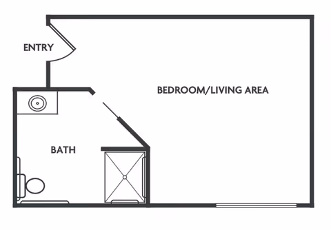 Floor plan of a small living space at Emory Ridge showing an entry door leading into a combined bedroom and living area. To the left of the entry is a bathroom with a sink, toilet, and shower.