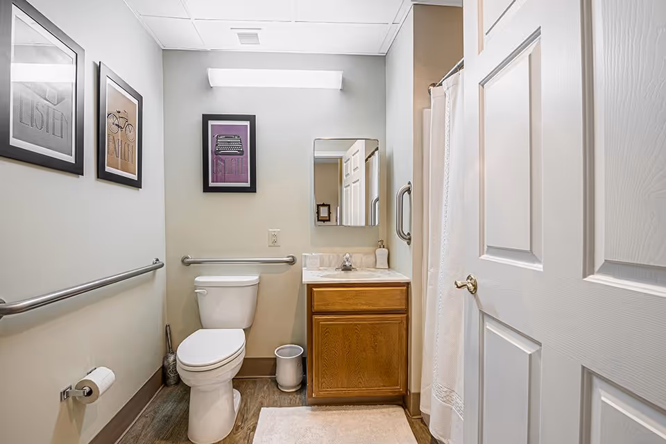 A clean and accessible bathroom featuring a white toilet with grab bars on both sides, a wooden vanity with a sink and mirror above it, a white shower curtain on the right, and three framed pictures on the left wall. The floor has wood-like flooring and a white bath mat in front of the vanity.