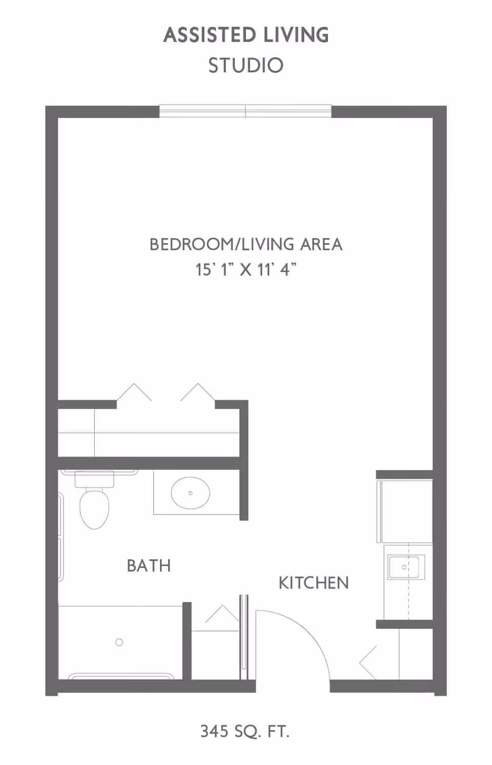 Floor plan of an assisted living studio apartment at Traditions at Reagan Park, showing a combined bedroom and living area measuring 15 feet 1 inch by 11 feet 4 inches, a bathroom with a toilet and sink, and a kitchen area. The total area is 345 square feet.