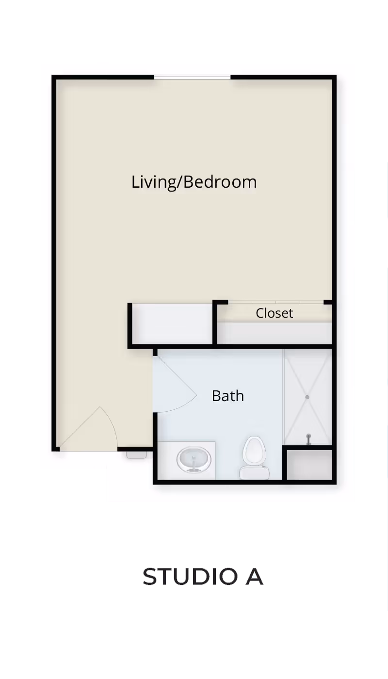 Floor plan of a studio apartment labeled Studio A, showing a combined living and bedroom area, a closet, and a bathroom with a sink, toilet, and shower.