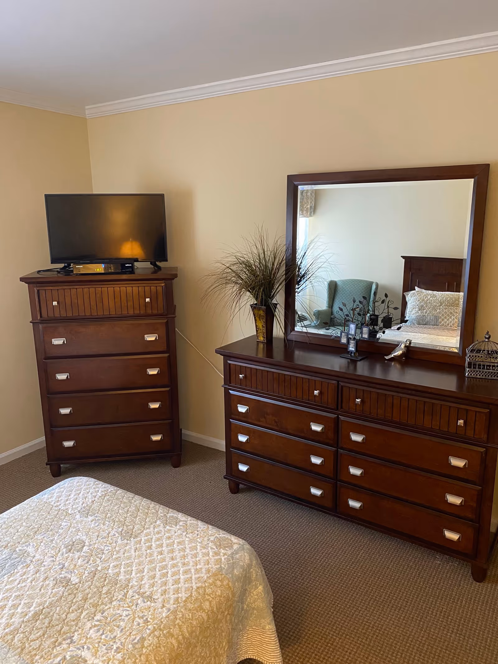 A bedroom with beige walls and carpeted floor featuring a wooden dresser with a large mirror, a tall wooden chest of drawers with a flat-screen TV on top, a bed with a light-colored quilted bedspread, and a decorative plant on the dresser.