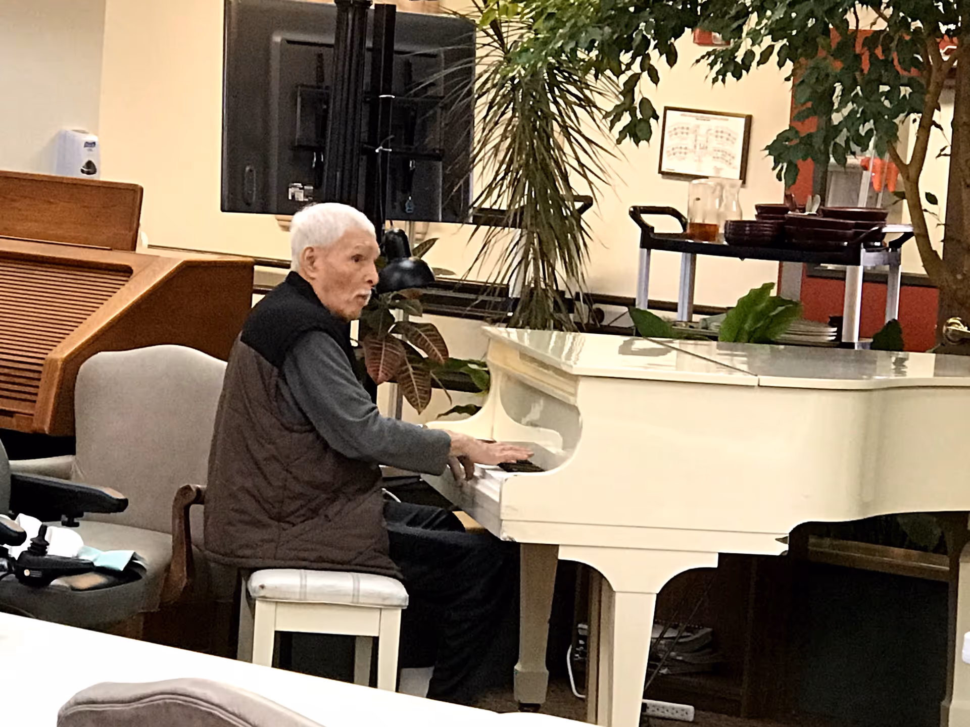 An elderly man with white hair is seated on a white piano bench playing a white grand piano in a room with plants and furniture, including a chair and a wooden cabinet. There is a cart with dishes and pitchers in the background.