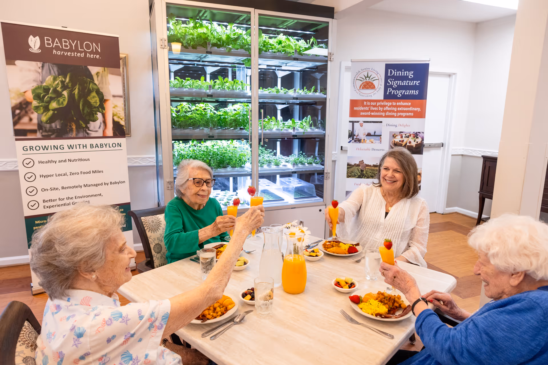 Four elderly women sitting around a dining table enjoying a meal together and raising glasses of orange juice with strawberries on the rim in a toast. Behind them are two banners, one promoting Babylon's healthy and nutritious growing program with fresh greens visible in a vertical garden, and the other highlighting Commonwealth Senior Living's Dining Signature Programs.