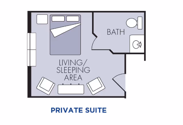 Floor plan of a private suite showing a combined living/sleeping area with a bed, seating, dresser, and a separate bathroom.