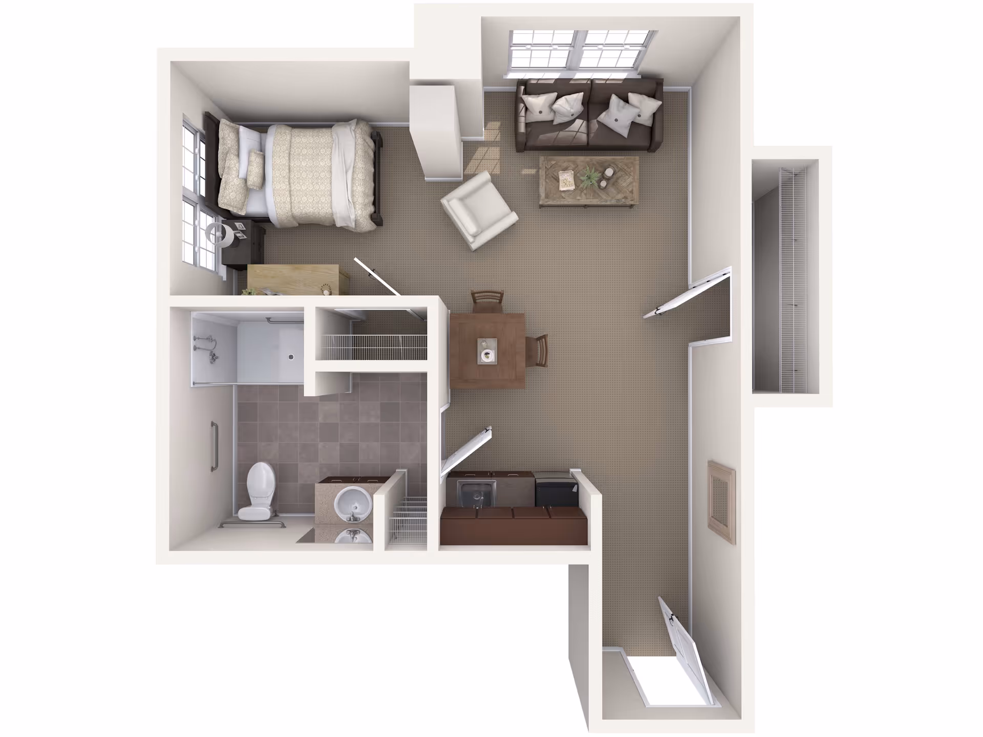 Top-down 3D floor plan of a small senior-living apartment showing a bedroom, bathroom, living area with sofa and dining table, kitchenette, and closets.