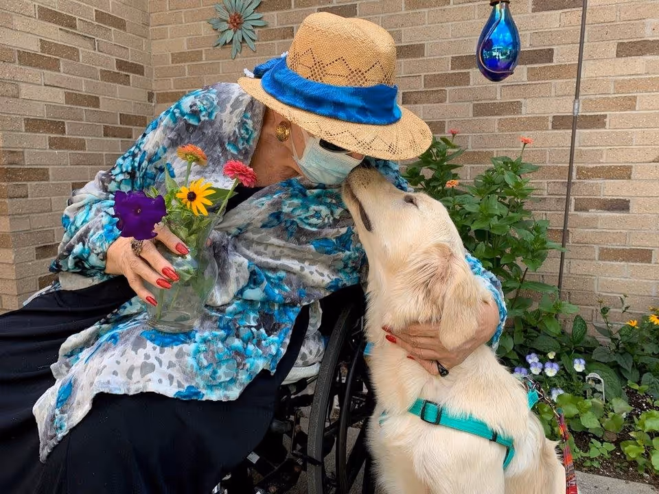 An elderly woman wearing a straw hat with a blue ribbon, a face mask, and a floral shawl sits in a wheelchair holding a vase with colorful flowers. She is affectionately touching noses with a light-colored dog wearing a teal harness. They are outdoors near a brick wall with plants and flowers in the background.